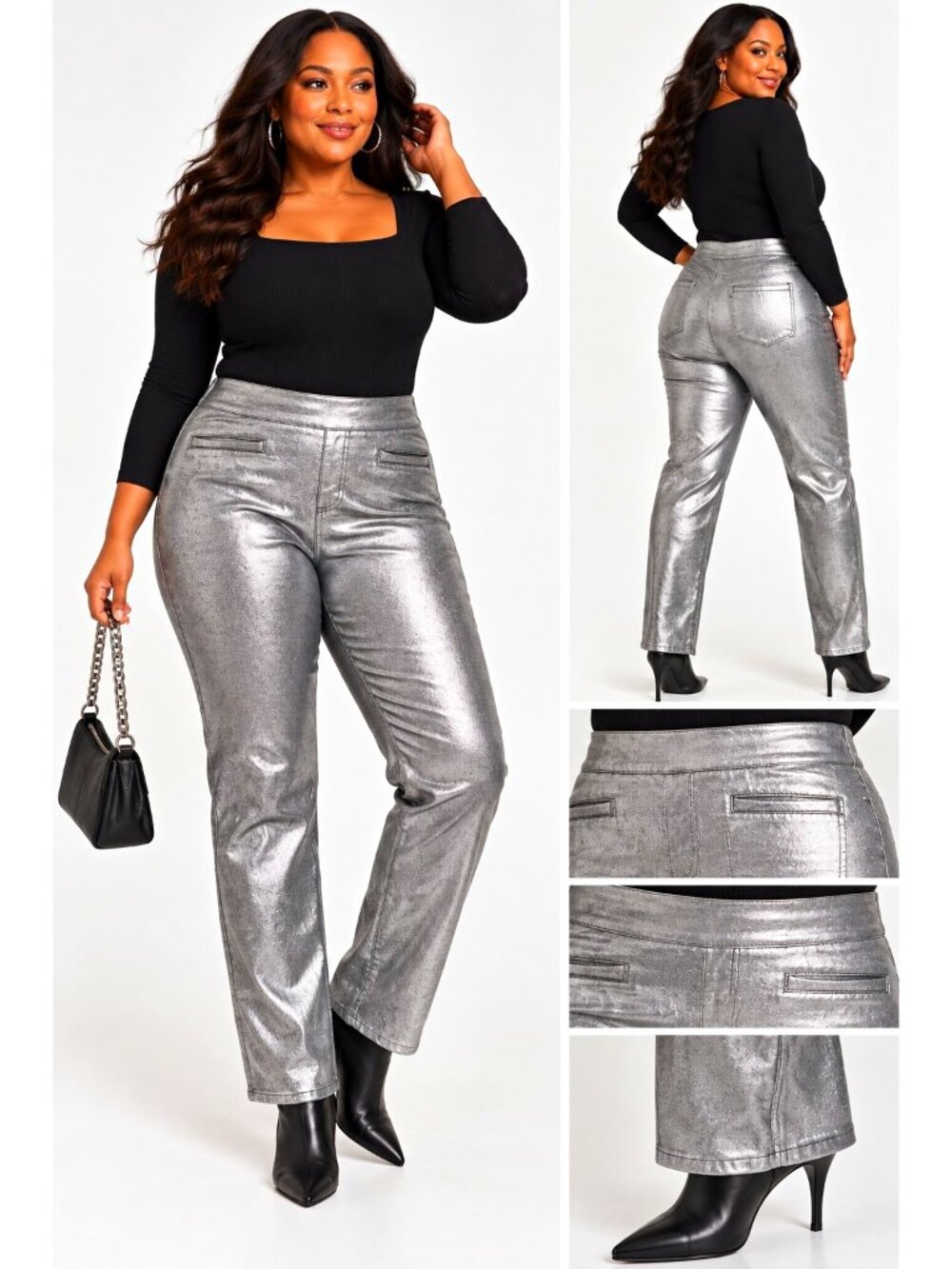 Westbound High Rise Metallic Silver Straight Leg PullOn Jeans Women’s 12 Stretch